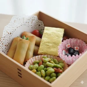 Decorative food-grade paper and foil separators used as disposable bento box dividers for keeping dry foods crisp.