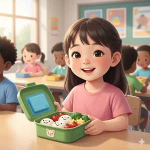 A child happily opening their bento box lunch box with ice pack during lunchtime at school.