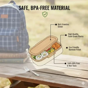 Highlighting the safe, BPA-free material of the bento box that fits in Pottery Barn Classic for daily use.