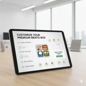 A diagram or visual representation of the different sections and customizable components of a corporate bento box menu.