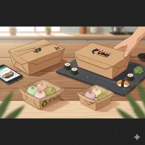 A completed meal packed inside a closed disposable cardboard bento box, ready for a takeout or delivery lunch order.