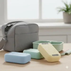 Three small, colorful reusable ice packs designed to fit neatly inside a lunchbox, essential lunch accessories to keep food safely chilled.
