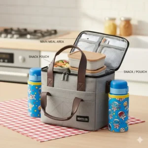 Stackable bento box and its thermal carrier bag, showing easy assembly and storage.