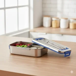 A sleek, reusable stainless steel To Go Bento Box on a kitchen counter, showcasing its durable design.