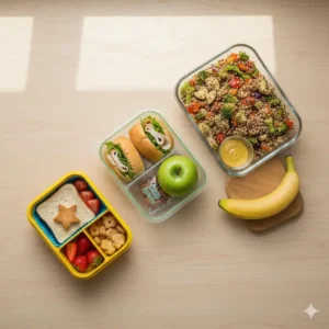 A visual comparison of three different sized family lunch box containers: one for a child, a teenager, and an adult.