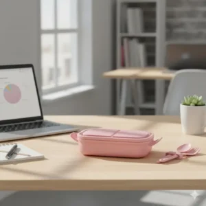 A compact and stylish pink bento lunch box sitting on an office desk, ready for lunchtime.