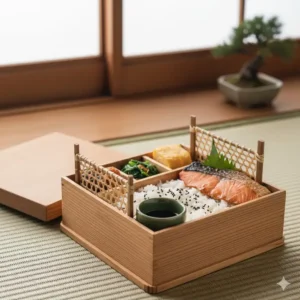 Stack of traditional wooden or bamboo separators often used as sturdy bento box dividers in classic Japanese meal preparations.