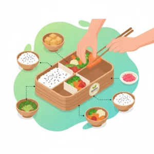 Illustration showing customizable ingredients (proteins, sides, rice) being arranged into a personal togo bento box setup.