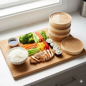 Overhead shot of various ingredients laid out before assembling a DIY To Go Bento Box with protein and vegetables.
