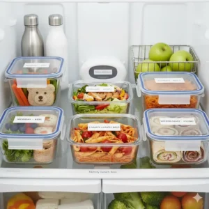 An overhead shot showing a refrigerated shelf organized with several pre-packed family lunch box meals ready for the week.