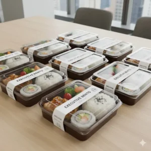 A top-down shot of several hygienic, individually packaged corporate bento box meals for safe group dining.