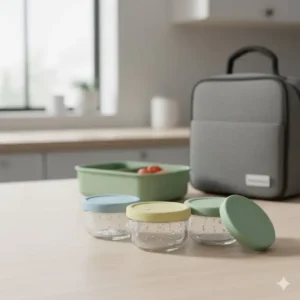 Set of tiny, leakproof condiment containers with colorful lids for sauces and dressings, useful small lunch accessories.