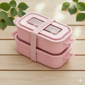 Two pink bento lunch box containers stacked together, highlighting their modular and space-saving design.