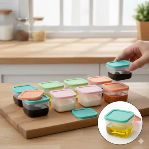 Set of small, leakproof plastic containers designed to hold sauces, dressings, or condiments inside a bento box.