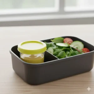 A small round container with a tight lid, acting as a crucial bento box divider to keep salad dressing from making lettuce soggy.
