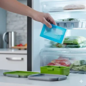 Preparation scene with the bento box lunch box with ice pack being placed in a freezer for cooling.