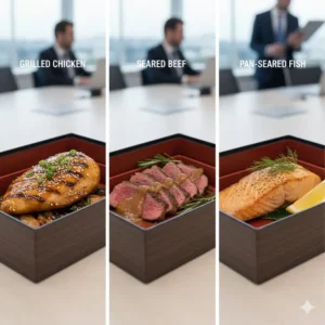 A collage or split image displaying various main protein choices—like chicken, beef, or fish—available for a corporate bento box.