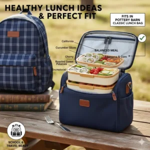 An example of a healthy, colorful lunch packed neatly in the bento box that fits in Pottery Barn Classic tote.