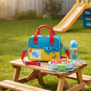 Compact, brightly colored bento box carrier for kids, ideal for school lunch.