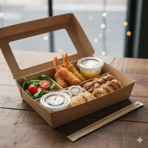 A single-use, disposable takeout To Go Bento Box filled with traditional Japanese food, ready for delivery.