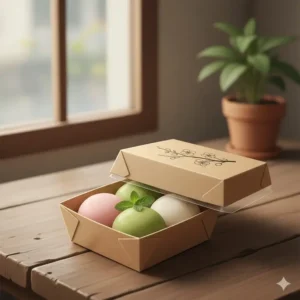 A small or mini cardboard bento box used for packaging individual servings of dessert or appetizers.