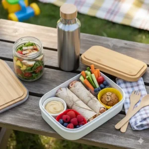 Creative and simple meal ideas inside a clear-lidded family lunch box, showcasing mini muffins, colorful vegetables, and fun-shaped sandwiches.