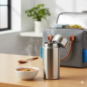 A stainless steel insulated food jar (thermos) for keeping hot leftovers warm, a reliable piece of lunch accessories.