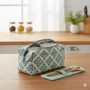 An insulated, patterned lunch bag designed to keep a bento box and accompanying utensils cool and secure during transport.