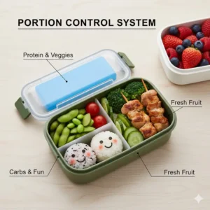 A neatly arranged meal in a bento box lunch box with ice pack, demonstrating perfect portion control.