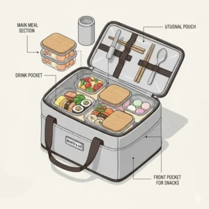 Illustration showing the separate compartments and pockets of a bento box carrier for drinks and snacks.