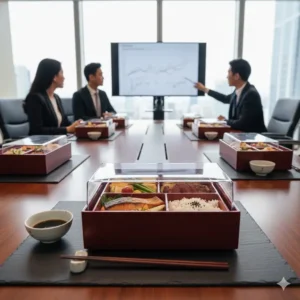 An executive lunch bento set presented on a table in a conference room, ideal for a professional meeting or client presentation.