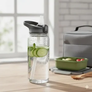 Durable, leakproof water bottle with a built-in straw, an essential part of the daily lunch accessories collection for hydration.
