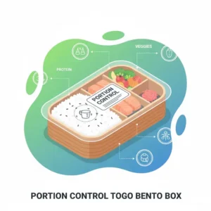 Graphic illustrating a togo bento box used for healthy portion control with clearly divided sections for balanced meals.