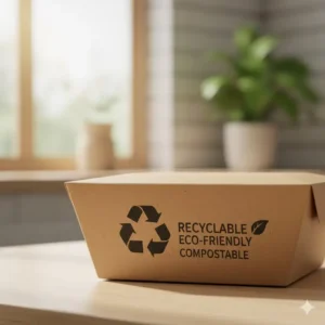 An image focusing on the material and eco-friendly label on the bottom of a recyclable cardboard bento box.
