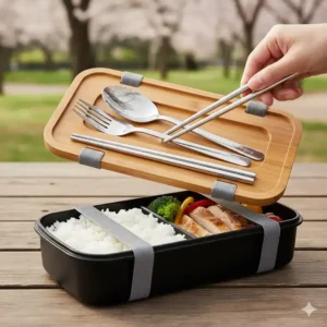 Detail of a To Go Bento Box showing the built-in storage compartment holding reusable utensils and chopsticks.