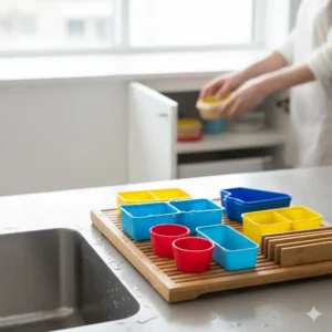 Various easy-to-clean, dishwasher-safe bento box dividers stacked neatly after washing, highlighting their simple maintenance.