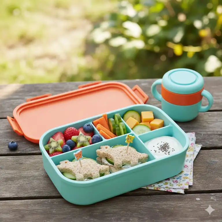 A colorful and well-organized baby bento box featuring cut-up fruit, mini sandwiches, and vegetable sticks, perfect for a toddler's meal.