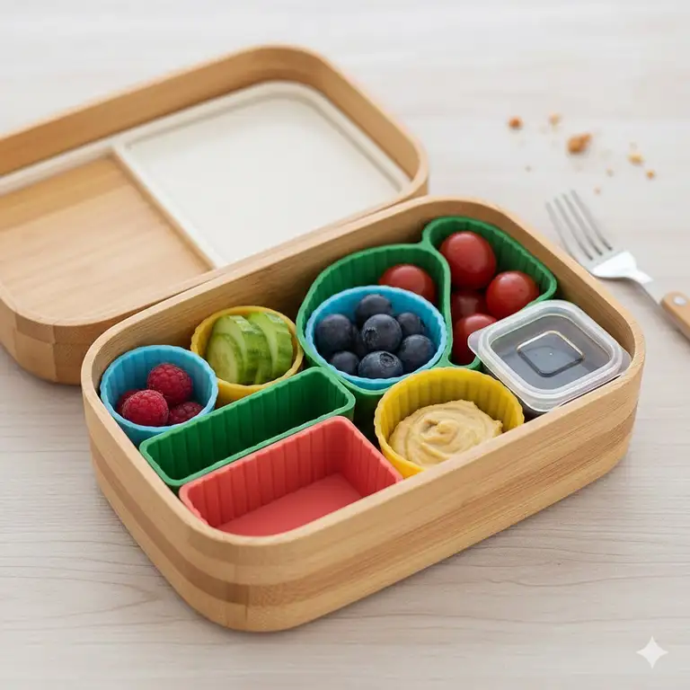 A featured image showing a variety of colorful, flexible bento inserts and silicone dividers arranged neatly inside a standard leakproof bento box. This image highlights the customizability of bento lunch boxes.