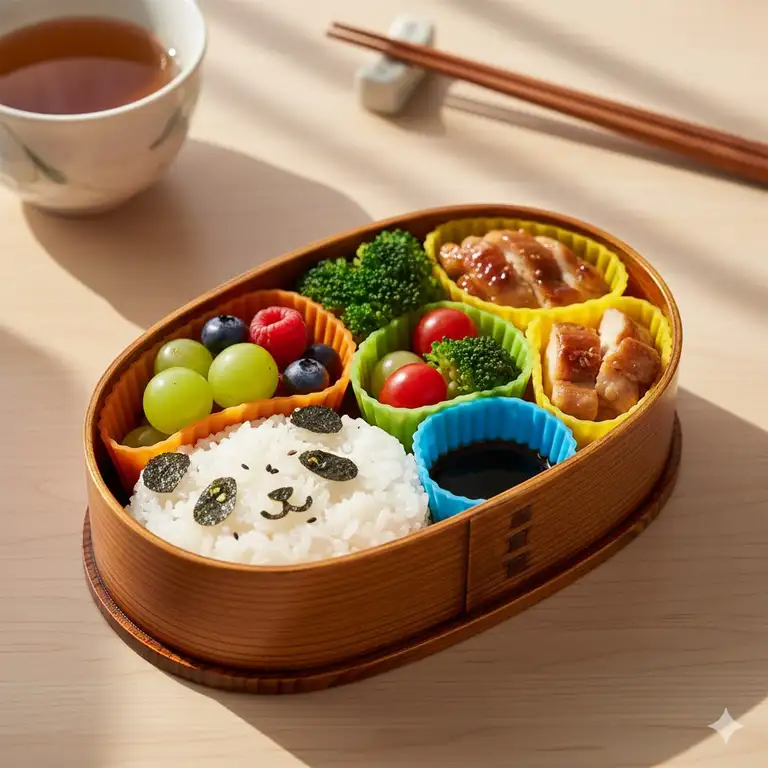 A vibrant, fully packed bento box featuring various colorful and flexible bento dividers separating sections of rice, vegetables, and protein for a healthy, organized lunch.