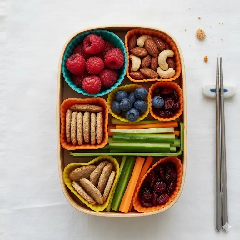 A top-down view of an organized meal prep container using colorful bento box silicone cups to separate fresh fruits and snacks.