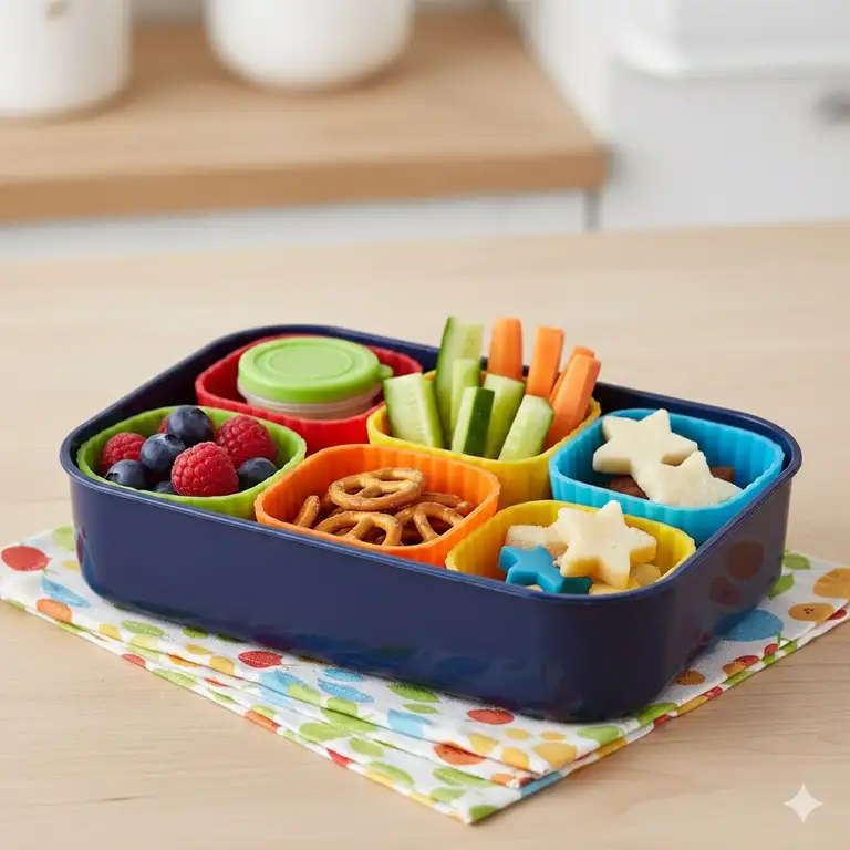 A variety of colorful bento cups organizing a healthy kids' lunch box with fruits and snacks.