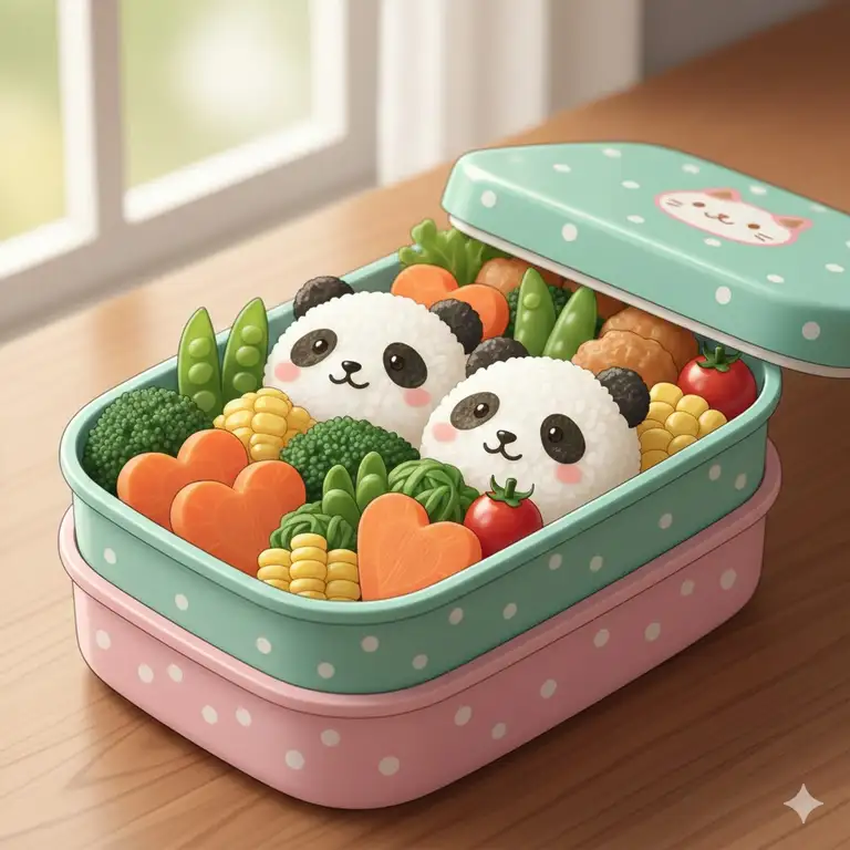A featured image of a cute bento box with panda-shaped rice balls and heart-shaped carrots.