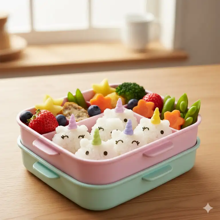 A vibrant and adorable unicorn bento box featuring rice balls shaped like unicorns, colorful fresh fruit, and healthy vegetable sides, perfect for a child's lunch.