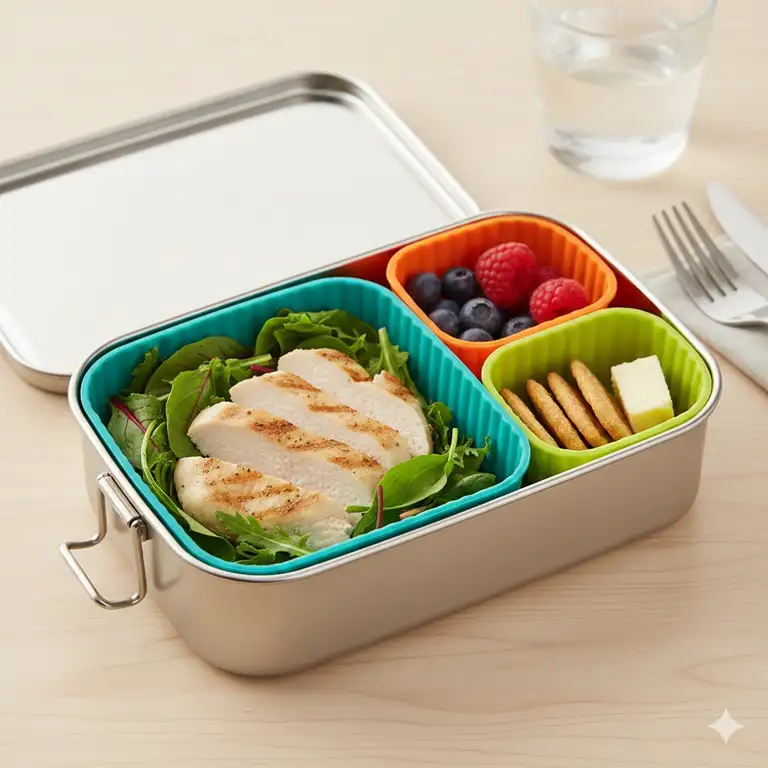 A perfect, healthy lunch separated and organized using silicone dividers for lunch box.