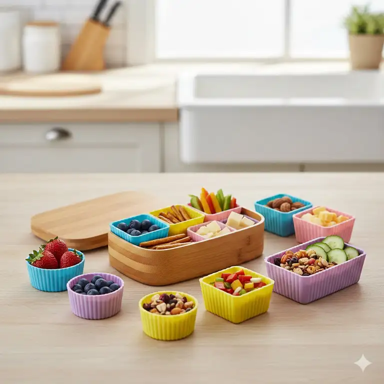 1. Colorful silicone bento cups set in various sizes, perfect for separating snacks in a child’s lunchbox or for meal prepping.
