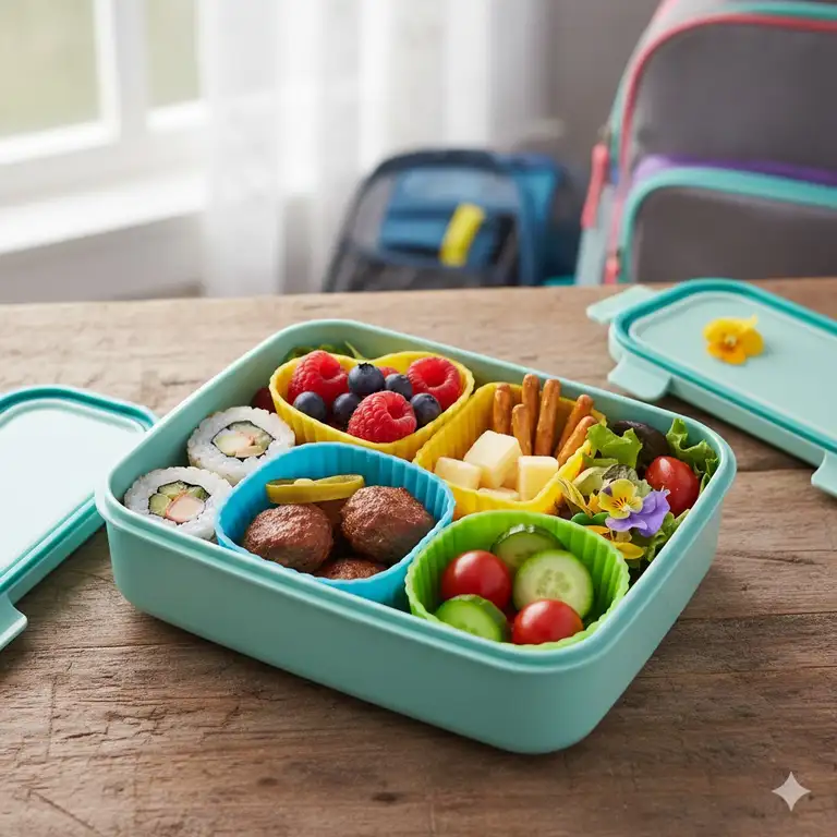A top-down view of a modern lunch box organized with colorful bento box cups containing fruits and snacks.