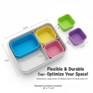 2. Close-up showing the flexible and durable silicone bento cups dimensions and scale inside a standard lunch box container.