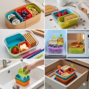 Close-up view of colorful silicone dividers for lunch box used inside a bento-style container.