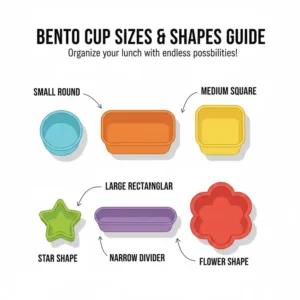 An educational guide showing different sizes and shapes of silicone bento cups for meal planning.
