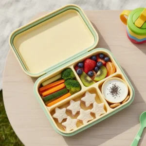 Top-down view of an open, multi-compartment baby bento box filled with various healthy snacks and finger foods for little ones.